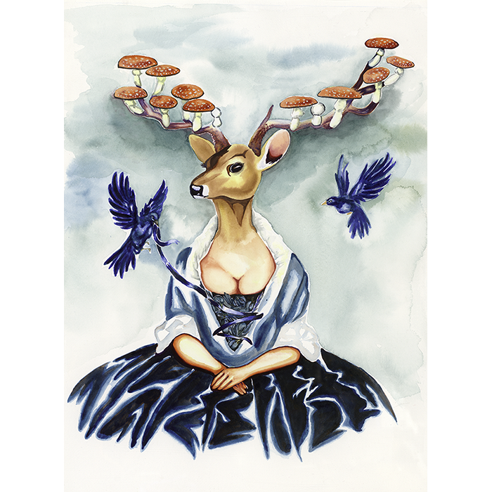 Released is a Pop Surrealist watercolor of a Deer Headed Woman