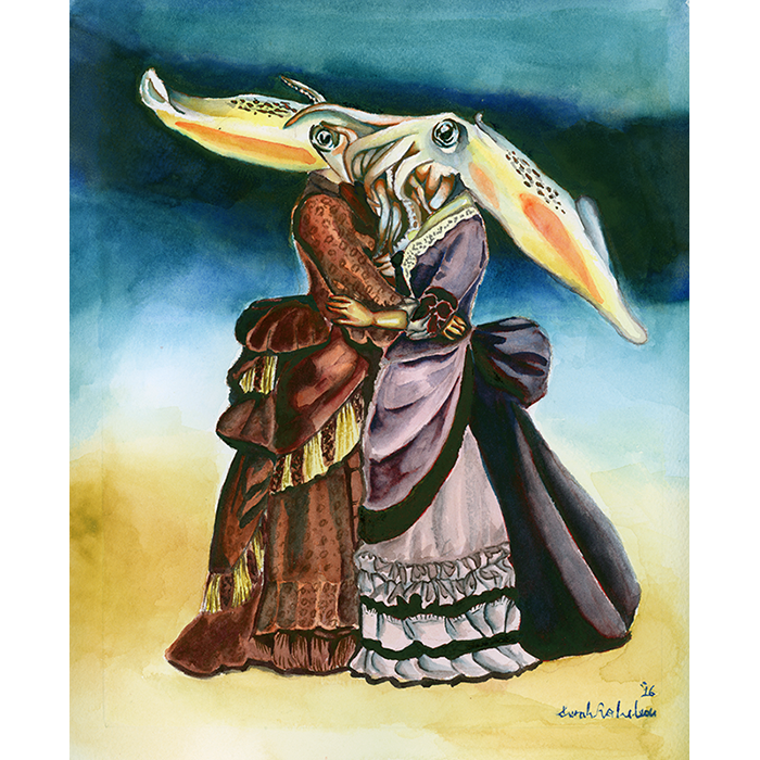 A Pop Surrealist watercolor of two squid headed women embracing by Sarah Rocheleau