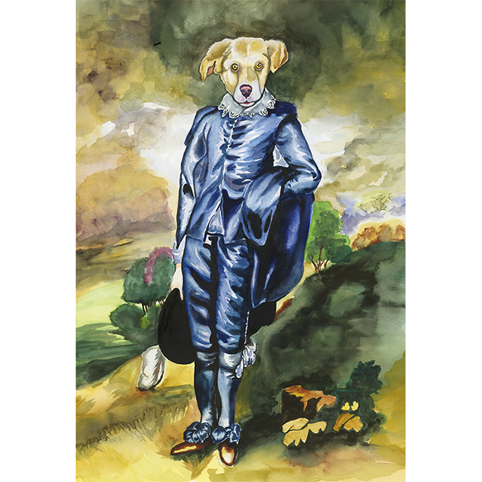 Pop Surrealist watercolor painting of the Dog Colin as the blue boy