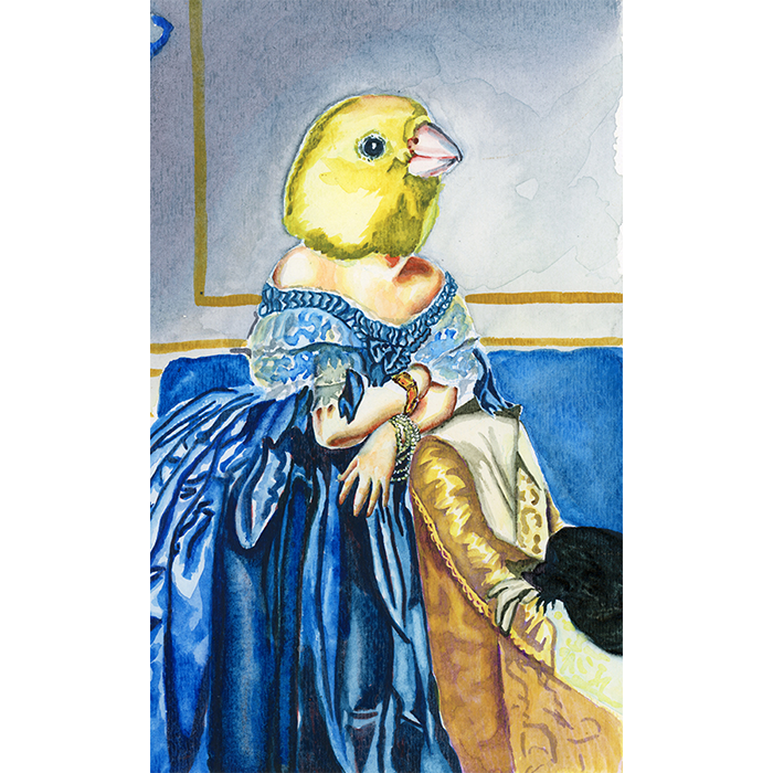 A Pop Surrealist watercolor of a bird headed woman