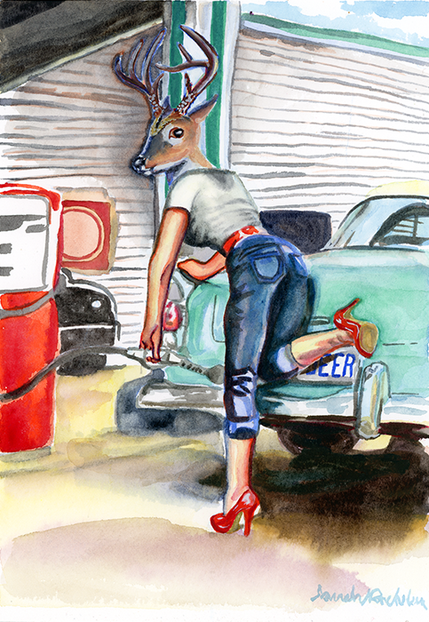 Pop Surrealist watercolor of a deer headed woman filling her car with gas. An homage to the pinup art of the 50's and 60's 