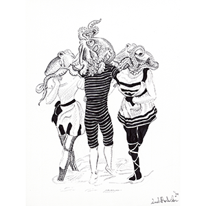 Anthropomorphic illustration of 3 Cephalopoda women wearing Victorian Bathing Suits by the Seaside