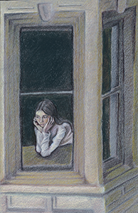 Black and white Illustration of a young woman looking out the window
