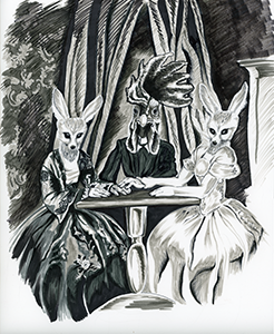 Black and white illustration pf 2 foxes having a seance with a chicken