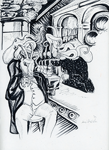 Anthropomorphic illustration of an octopus headed bartender and a goat headed patron of the bar